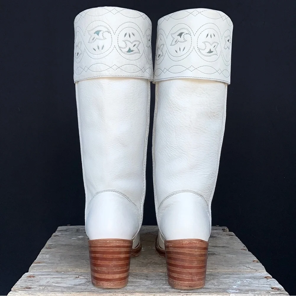 SOLD FRYE Vintage White Sabrina Campus Tooled Cuff Tall Knee High Western Boots - Picture 7 of 12